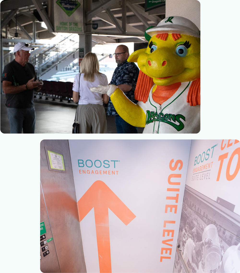 Dayton Dragons mascot and Boost Engagement suite level elevator