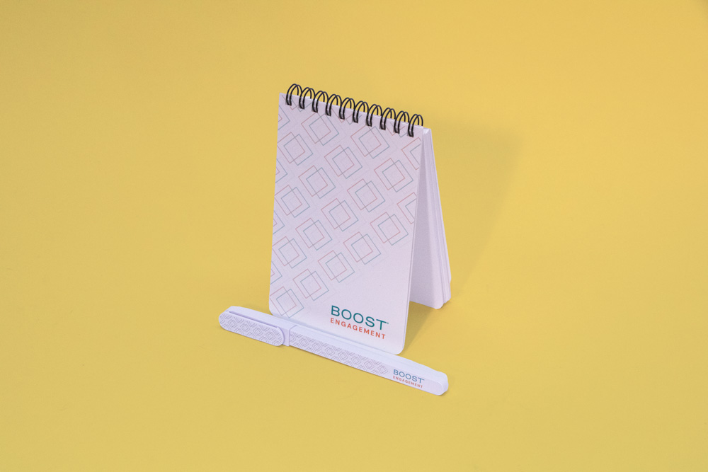 Boost Engagement branded notepad and pen