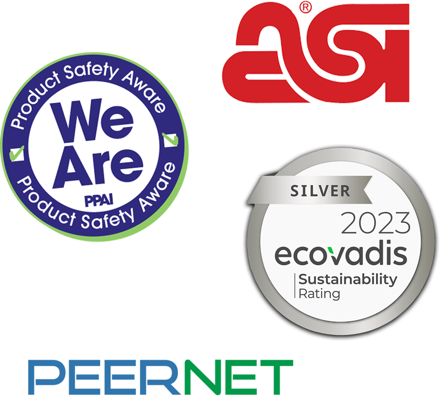 PPAI logo, ASI logo, Silver 2023 Ecovadis Sustainability Rating, PeerNet logo